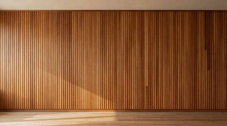 Una gran pared de listones de madera con paneles verticales y un tono marrón claro. La luz del sol proyecta una sombra diagonal sobre la parte inferior izquierda de la pared y el suelo de madera liso. | DOMUS Acabados