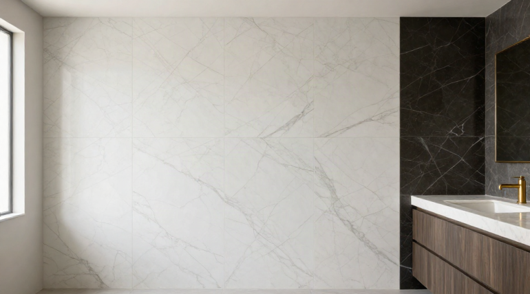 Un cuarto de baño moderno con grandes azulejos de mármol blanco en la pared, una pared de contraste de mármol oscuro, un mueble de baño de madera con encimera blanca, grifos dorados y un espejo grande. La luz entra por una ventana situada a la izquierda. | DOMUS Acabados