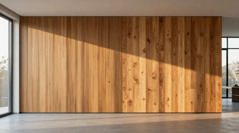 La luz del sol proyecta una sombra diagonal sobre una moderna pared de madera con listones verticales y nudos visibles. El suelo gris y los grandes ventanales crean un espacio luminoso y diáfano con texturas naturales. | DOMUS Acabados