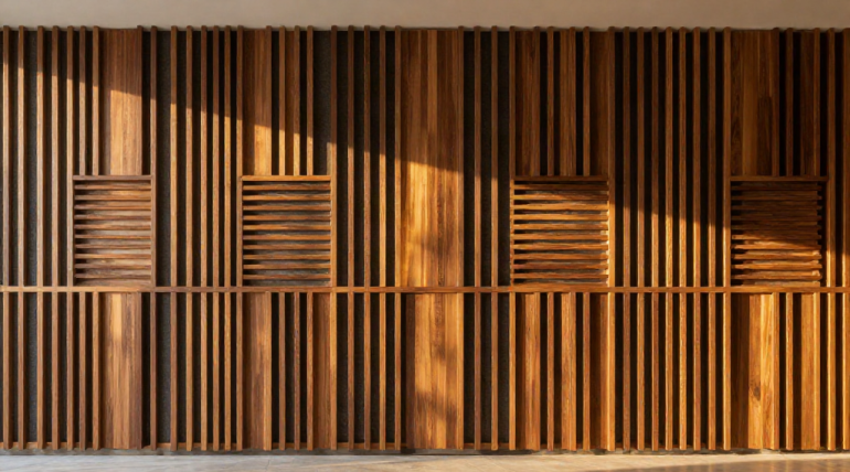 Una pared revestida con listones verticales de madera que presenta cuatro secciones cuadradas de ventilación con lamas. | DOMUS Acabados