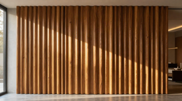 Una pared formada por listones de madera verticales con bordes redondeados, parcialmente iluminada por la luz del sol. | DOMUS Acabados